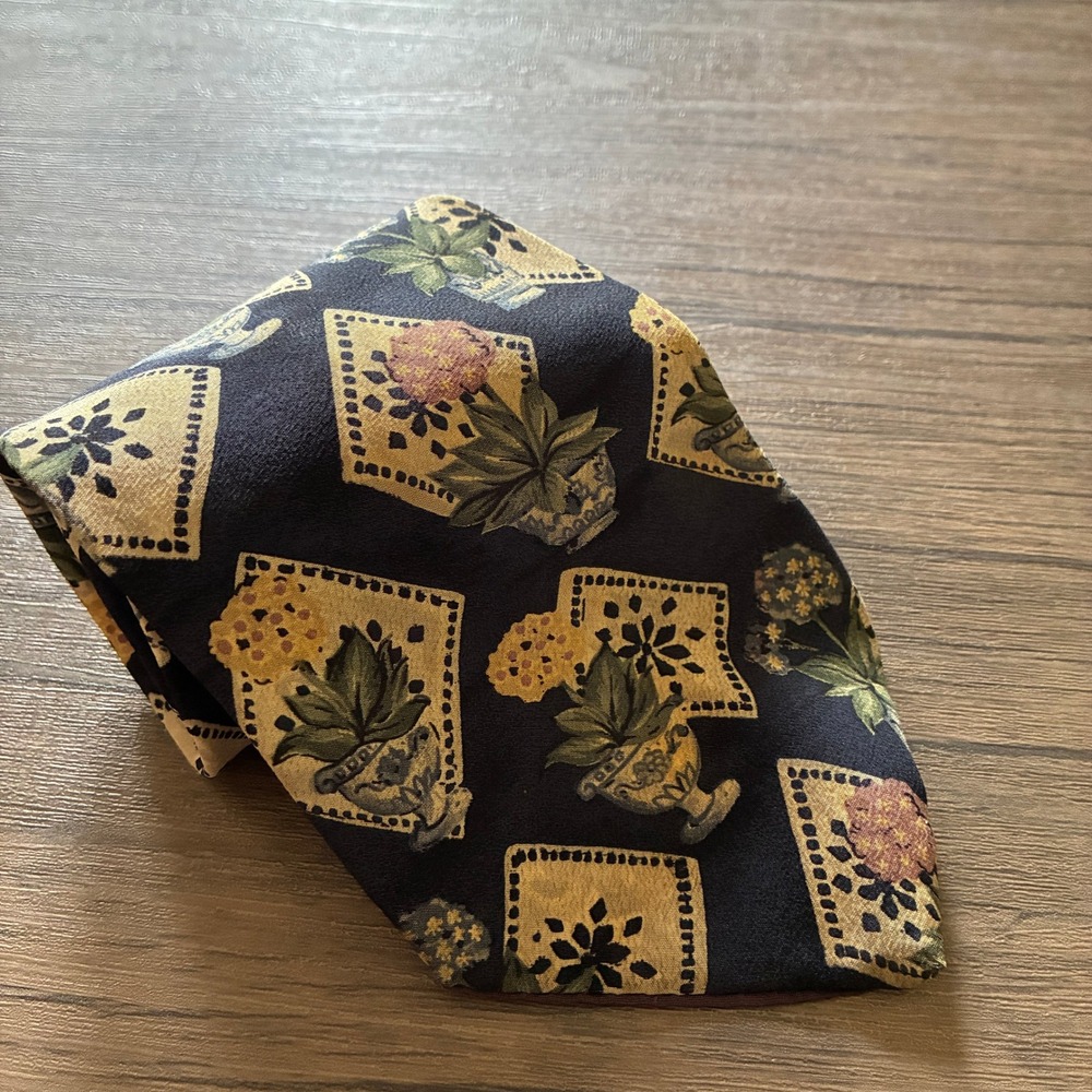Charleston by The Rack Silk Tie OS Navy Blue Mens Floral Botanical Made in Italy
